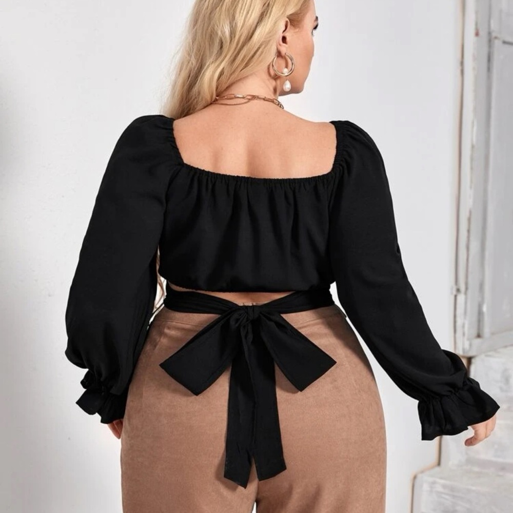Black flounce wrap around tie black blouse 4X